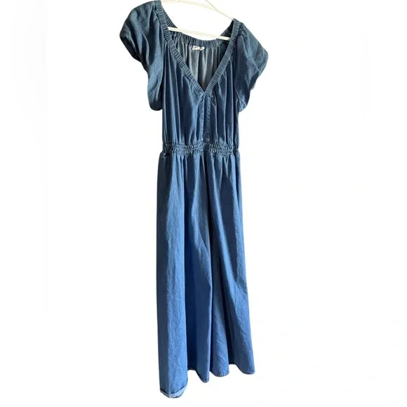 GAP Blue V-Neck lightweight denim Midi dress, elastic waist/neck, size Small - Picture 3 of 9